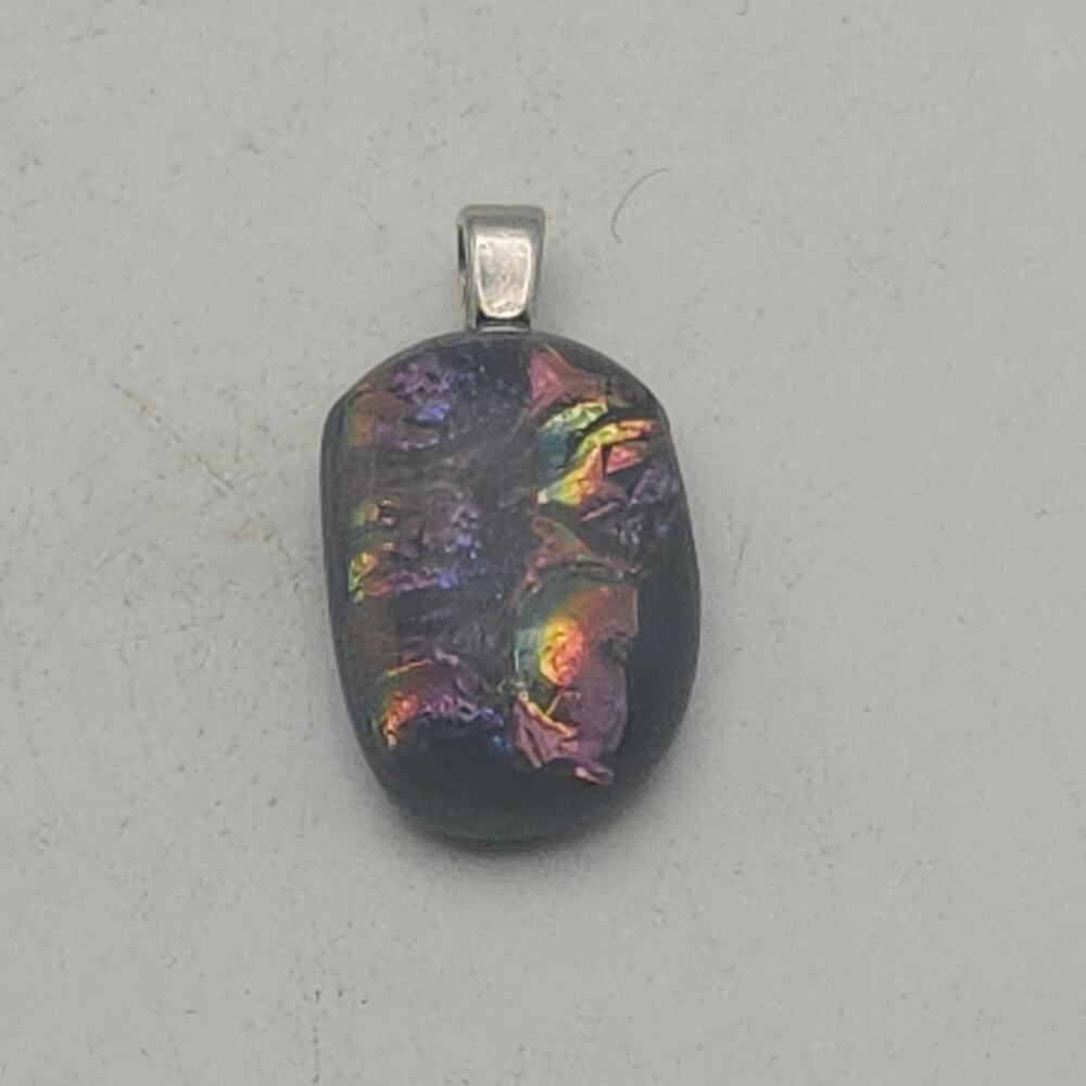 Artisan Iridescent Resin Pendant Silver Tone Abstract Rainbow Foil Jewelry